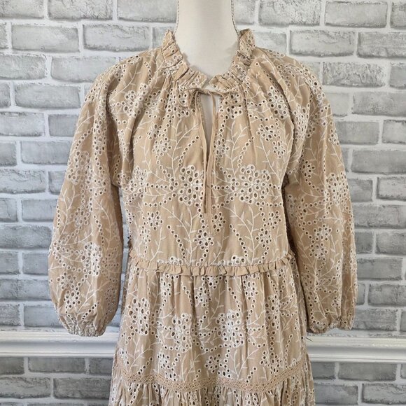 Chicos Cotton Eyelet Tiered Maxi Dress Long Bishop Sleeve Cottage Prairie Med - Picture 2 of 9